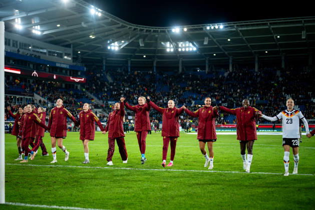 October 9, 2026, GER, Soccer, Women s, International Match, Karlsruhe, Germany vs. Australia Laura Freigang (Germany), 10, Selina Cerci (Germany), Laura Dick (Germany), 21, Luzie Zähringer (Germany), Lisa Baum (Germany), 24, Nicole Anyomi (Germany), 8, Sophia Kleinherne (Germany), 23, celebrate the victory in Karlsruhe at BBBank Wildpark, Baden-Württemberg, Germany Copyright: xNordphoto Memmlerx