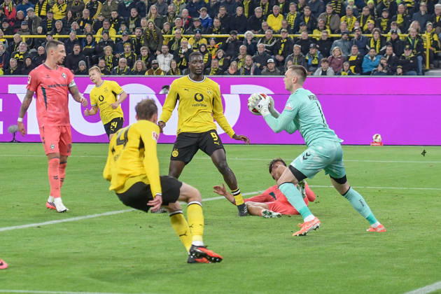Karl Hein (Bremen 1) thwarts a scoring chance by Dortmund October 9, 2026 ¢ Soccer ¢ Borussia Dortmund vs. SV Werder Bremen, Signal Iduna Park, Dortmund, DFB and DFL regulations prohibit any use of photographs as image sequences and or quasi-video. NRW, Germany Copyright: xpepphotox xSaschaxWeizx pep00321, pep_20261009_sw