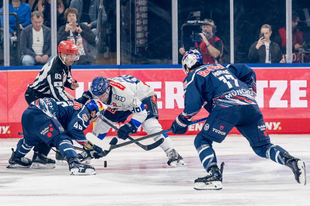 Linesman David Tschirner officiates a faceoff between Lucas Thaler of EHC Red Bull Munich, 48, and Daniel Pietta of ERC Ingolstadt, 86 (GER), EHC Red Bull Munich vs. ERC Ingolstadt, DEL, 2026–2027 season, Matchday 7, October 9, 2026. Photo: HMB Media, Franz Feiner Copyright: HMBxMedia FranzxFeiner