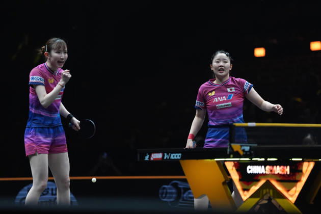 (261010) -- BEIJING, Oct. 10, 2026 -- Harimoto Miwa (R) Hayata Hina of Japan react during the women s doubles final match against Wang Manyu Kuai Man of China at 2026 World Table tennis, Tischtennis (WTT) China Smash in Beijing, China, Oct. 10, 2026. ) (SP)CHINA-BEIJING-TABLE TENNIS-WTT-CHINA SMASH-WOMEN S DOUBLES (CN) XiexHan 