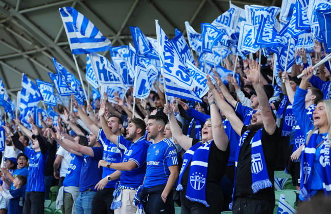 AUSTRALIA CUP SOUTH MELBOURNE VICTORY, South Melbourne FC supporters in the crowd during the Australia Cup final match between South Melbourne FC and Melbourne Victory FC at AAMI Park in Melbourne, Saturday, October 10, 2026. ( NO ARCHIVING, EDITORIAL USE ONLY MELBOURNE VICTORIA Australia  Copyright: xSCOTTxBARBOURx 20261010142993342249