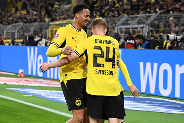 Daniel Svensson, Borussia Dortmund, celebrates a goal with his teammates after scoring the 1-0 goal during the Bundesliga match between Borussia Dortmund and SV Werder Bremen at Signal Iduna Park on October 9, 2026, in Dortmund, Germany. Photo by Ralf Treese, DeFodi Images. Daniel Svensson of Borussia Dortmund celebrates after scoring his team’s first goal with teammates during the Bundesliga match between Borussia Dortmund and SV Werder Bremen at Signal Iduna Park on October 9, 2026 in Dortmund, Germany. Photo by Ralf Treese, DeFodi Images. DFB and DFL regulations prohibit any use of photographs as image sequences and or quasi-video. Photo by Ralf Treese, DeFodi Images.