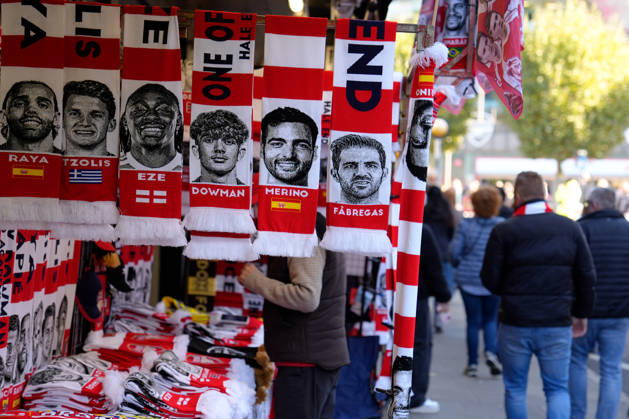 10th October 2026; Emirates Stadium, London, England; Premier League Football, Arsenal versus Leeds United; A general view of Arsenal scarves and merchandise on sale prior to kick-off TomxMajor