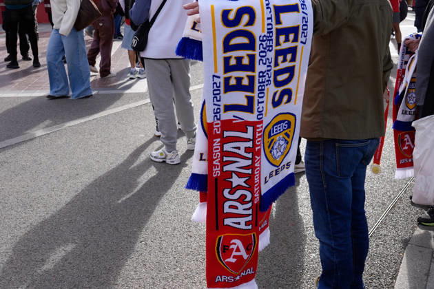 10th October 2026; Emirates Stadium, London, England; Premier League Football, Arsenal versus Leeds United; A general view of half and half scarves on sale prior to the kick-off TomxMajor