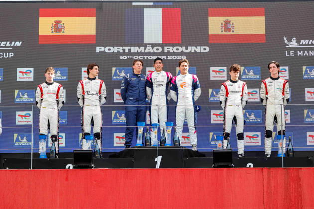 AUTO - MLC 2026 - PORTIMAO 85 FROST Danial (sgp), PEUGEOT Enzo (fra), R-ace GP, Duqueine D09 - Toyota, LMP3, 12 ROGEON Arthur (fra), RABER August (uae), Brutal Fish Campos Racing, Ligier JS P325 - Toyota, LMP3, 19 RYBA Matus (svk), FLUXÃÄ CROSS Lucas (esp), Brutal Fish Campos Racing, Ligier JS P325 - Toyota, LMP3, podium, portrait celebration during the 6th round of the 2026 Michelin Le Mans Cup on the Autodromo Internacional do Algarve from October 8 to 10, 2026 in Portimao, Portugal - PortimaoPortugal  Copyright: xPauloxMariax