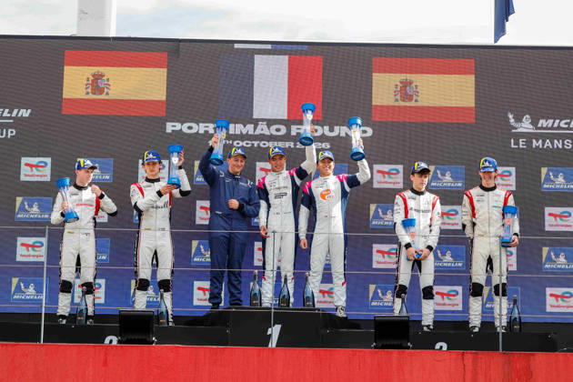 AUTO - MLC 2026 - PORTIMAO 85 FROST Danial (sgp), PEUGEOT Enzo (fra), R-ace GP, Duqueine D09 - Toyota, LMP3, 12 ROGEON Arthur (fra), RABER August (uae), Brutal Fish Campos Racing, Ligier JS P325 - Toyota, LMP3, 19 RYBA Matus (svk), FLUXÃÄ CROSS Lucas (esp), Brutal Fish Campos Racing, Ligier JS P325 - Toyota, LMP3, podium, portrait celebration during the 6th round of the 2026 Michelin Le Mans Cup on the Autodromo Internacional do Algarve from October 8 to 10, 2026 in Portimao, Portugal - PortimaoPortugal  Copyright: xPauloxMariax