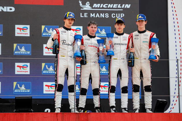 AUTO - MLC 2026 - PORTIMAO 12 ROGEON Arthur (fra), RABER August (uae), Brutal Fish Campos Racing, Ligier JS P325 - Toyota, LMP3, 19 RYBA Matus (svk), FLUXÃÄ CROSS Lucas (esp), Brutal Fish Campos Racing, Ligier JS P325 - Toyota, LMP3, podium, portrait celebration during the 6th round of the 2026 Michelin Le Mans Cup on the Autodromo Internacional do Algarve from October 8 to 10, 2026 in Portimao, Portugal - PortimaoPortugal Copyright: xPauloxMariax