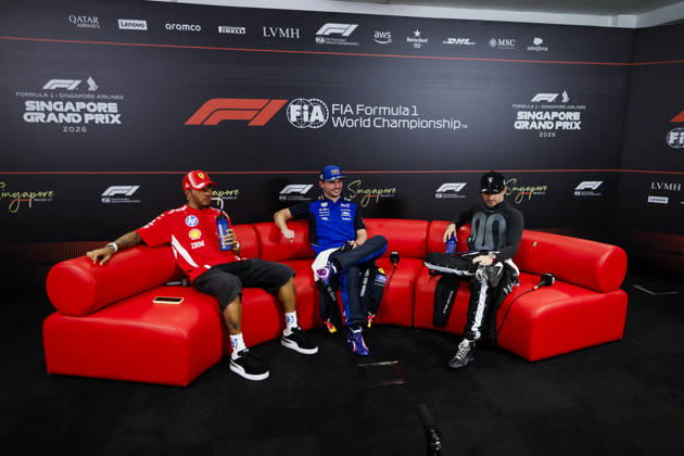 F1 - SINGAPORE GRAND PRIX 2026 Post Sprint Race, press conference, PK, Pressekonferenz HAMILTON Lewis (gbr), Scuderia Ferrari SF-26, VERSTAPPEN Max (nld), Red Bull Racing Ford RB22, LECLERC Charles (mco), Scuderia Ferrari SF-26, portrait during the 2026 Formula 1 Singapore Grand Prix, 17th round of the 2026 Formula One World Championship, WM, Weltmeisterschaft from October 9 to 11, 2026 on the Marina Bay Street Circuit, in Singapore, Singapore - SingaporeSingapore Copyright: xJulienxDelfossex