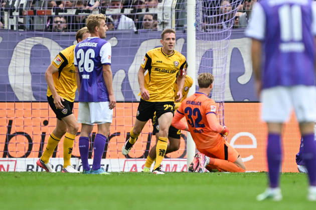 2. Bundesliga, Matchday 26, 27: VfL Osnabrück vs. Dynamo Dresden on October 10, 2026, at the Bremer Brücke in Osnabrück—cheers, goal celebrations, goal scorers; Niklas Hauptmann, Dynamo Dresden, celebrates after scoring the 0–1 goal MT