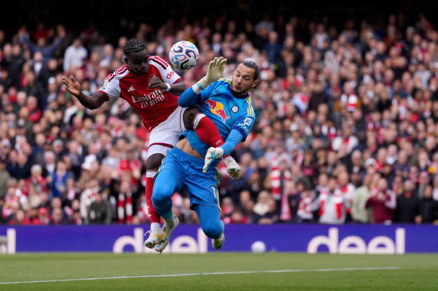 10th October 2026; Emirates Stadium, London, England; Premier League Football, Arsenal versus Leeds United; Bukayo Saka of Arsenal has his shot saved by James Trafford of Leeds United TomxMajor