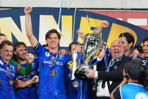 AUSTRALIA CUP SOUTH MELBOURNE VICTORY, South Melbourne Head coach Sinisa Cohadzic and captain Marco Jankovic of South Melbourne celebrate with the trophy after winning the Australia Cup final match between South Melbourne FC and Melbourne Victory FC at AAMI Park in Melbourne, Saturday, October 10, 2026. ( NO ARCHIVING, EDITORIAL USE ONLY MELBOURNE VICTORIA Australia Copyright: xSCOTTxBARBOURx 20261010112475454267