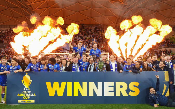 AUSTRALIA CUP SOUTH MELBOURNE VICTORY, South Melbourne celebrate with the trophy after winning the Australia Cup final match between South Melbourne FC and Melbourne Victory FC at AAMI Park in Melbourne, Saturday, October 10, 2026. ( NO ARCHIVING, EDITORIAL USE ONLY MELBOURNE VICTORIA Australia Copyright: xSCOTTxBARBOURx 20261010191031273980