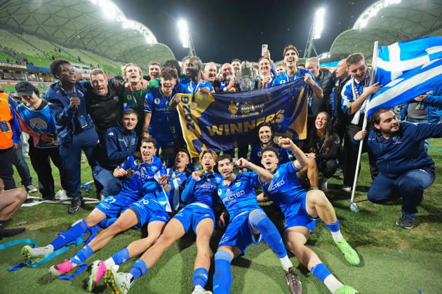 AUSTRALIA CUP SOUTH MELBOURNE VICTORY, South Melbourne celebrate with the trophy after winning the Australia Cup final match between South Melbourne FC and Melbourne Victory FC at AAMI Park in Melbourne, Saturday, October 10, 2026. ( NO ARCHIVING, EDITORIAL USE ONLY MELBOURNE VICTORIA Australia Copyright: xSCOTTxBARBOURx 20261010185760602057