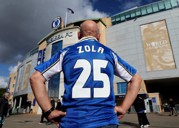 10th October 2026; Stamford Bridge, London, England; Premier League Football, Chelsea versus Bournemouth; Chelsea fan wearing a Gianfranco Zola of Chelsea home shirt outside Stamford Bridge JohnxPatrickxFletcher
