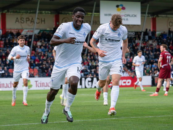Goal to make it 1–2 by Oluwaseun Ogbemudia of SV Waldhof Mannheim, No. 14 in the middle, Celebration, Joy, Emotion, Team Celebration, Gesture, GER, Soccer, SG Sonnenhof Grossaspach vs. SV Waldhof Mannheim, 3rd Division, Matchday 8, Aspach, 2026–2027 Season, October 10, 2026, GER, soccer, SG Sonnenhof Grossaspach vs. SV Waldhof Mannheim, 3rd Division, Matchday 8, Aspach, 2026–2027 season, October 10, 2026, Aspach Copyright: xCarstenxSchweringx EP_CSG