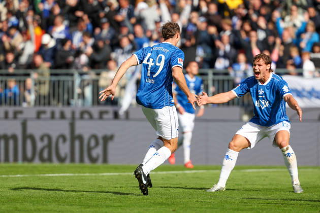 October 10, 2026, Soccer, 2. Bundesliga, SV Darmstadt 98 vs. Energie Cottbus; Yannik Luehrs of SV Darmstadt 98 and Fynn Luca Lakenmacher of SV Darmstadt 98 are seen celebrating after scoring a goal to make the score 3–1. Copyright: HMBxMedia JoaquimxFerreira