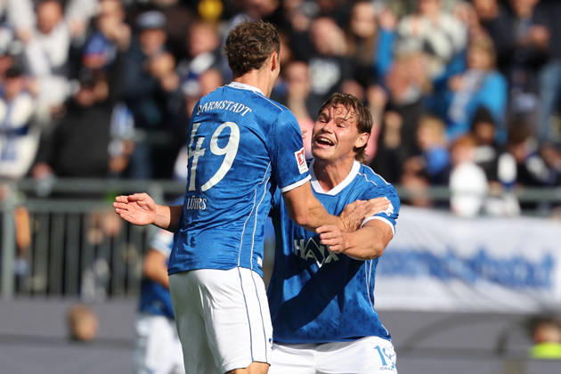 October 10, 2026, Soccer, 2. Bundesliga, SV Darmstadt 98 vs. Energie Cottbus; Yannik Luehrs of SV Darmstadt 98 and Fynn Luca Lakenmacher of SV Darmstadt 98 are seen celebrating after scoring a goal to make the score 3–1. Copyright: HMBxMedia JoaquimxFerreira