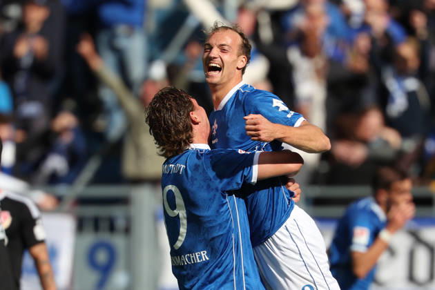 October 10, 2026, Soccer, 2. Bundesliga, SV Darmstadt 98 vs. Energie Cottbus; Fynn Luca Lakenmacher of SV Darmstadt 98 and Yannik Luehrs of SV Darmstadt 98 are seen celebrating after scoring a goal to make the score 3–1. Copyright: HMBxMedia JoaquimxFerreira