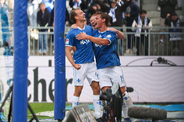 October 10, 2026, Soccer, 2. Bundesliga: SV Darmstadt 98 vs. Energie Cottbus; from left: Yannik Luehrs (SV Darmstadt 98), Kai Klefisch (SV Darmstadt 98), and Fynn Luca Lakenmacher (SV Darmstadt 98) are seen celebrating after scoring a goal to make the score 3–1. Copyright: HMBxMedia JoaquimxFerreira