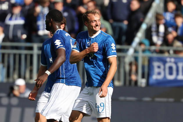 October 10, 2026 Soccer 2. Bundesliga SV Darmstadt 98 vs. Energie Cottbus, Fynn Luca Lakenmacher of SV Darmstadt 98 is seen celebrating after scoring a goal to make the score 3–1 Copyright: HMBxMedia JoaquimxFerreira