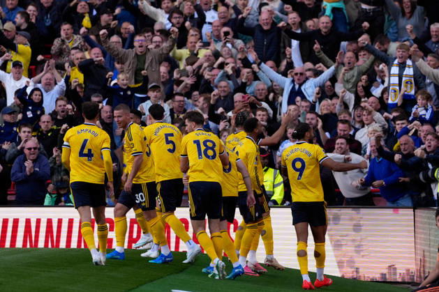 10th October 2026; Emirates Stadium, London, England; Premier League Football, Arsenal versus Leeds United; Leeds United players celebrate in front of their supporters after scoring the first goal to make it 1-0 TomxMajor