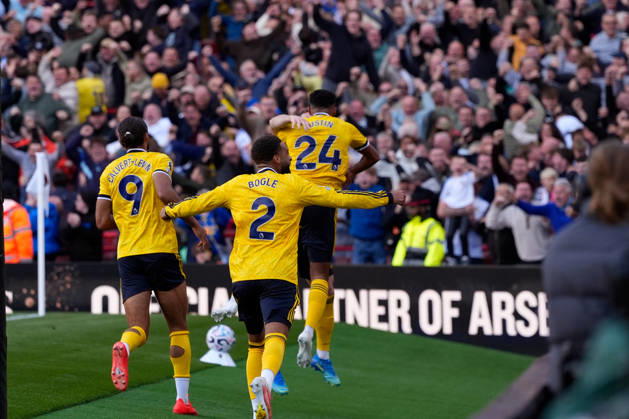 10th October 2026; Emirates Stadium, London, England; Premier League Football, Arsenal versus Leeds United; James Justin of Leeds United celebrates with team mates after opening the scoring to make it 1-0 TomxMajor