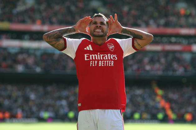 Arsenal gegen Leeds United, 10. Oktober 2026, London, Premier League, Fußball: Arsenal gegen Leeds United. Bruno Guimaraes von Arsenal jubelt, nachdem er das zweite Tor für seine Mannschaft erzielt hat. Foto: Charlotte Wilson, Offside, London, Großbritannien Copyright: xCharlottexWilsonx xOffsidexOffside