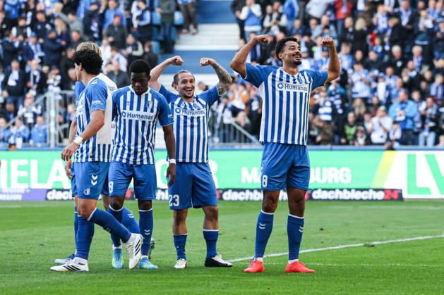 Goal celebration: Scorer Emmanuel Iyoha (1 FC Magdeburg, 8) scores to make it 2–0 with Baris Atik (1 FC Magdeburg,23 2 Bundesliga Season 2026–2027: 1 FC Magdeburg vs. Hannover 96 at the Avnet Arena in Magdeburg; Action, Soccer, Man, Men, Germany, October 10, 2026