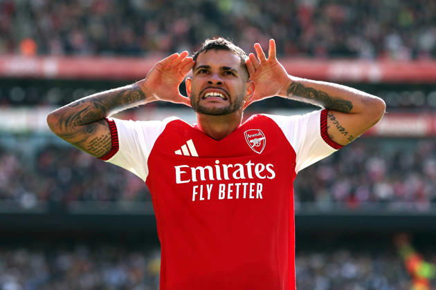 Arsenal gegen Leeds United, 10. Oktober 2026, London, Premier League, Fußball: Arsenal gegen Leeds United. Bruno Guimaraes von Arsenal jubelt, nachdem er das zweite Tor für seine Mannschaft erzielt hat. Foto: Charlotte Wilson, Offside, London, Großbritannien Copyright: xCharlottexWilsonx xOffsidexOffside