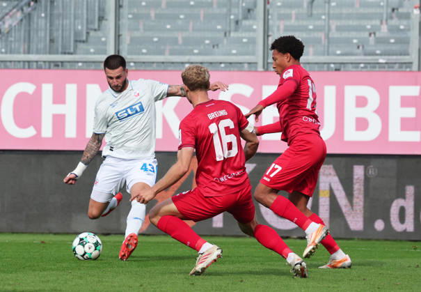 FC Würzburger Kickers vs. FC Hansa Rostock, Würzburg, October 10, 2026, Soccer, 3rd Division, FC Würzburger Kickers vs. FC Hansa Rostock, Leon Dajuku, FC Hansa Rostock with Louis Breunig, FC Würzburger Kickers, Akon Arena, Bavaria, Germany