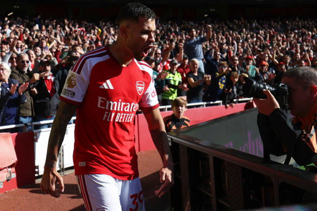Arsenal gegen Leeds United, 10. Oktober 2026, London, Premier League, Fußball: Arsenal gegen Leeds United – Bruno Guimaraes von Arsenal jubelt, nachdem er den Siegtreffer für seine Mannschaft erzielt hat. Foto: Charlotte Wilson, Offside, London, Großbritannien Copyright: xCharlottexWilsonx xOffsidexOffside