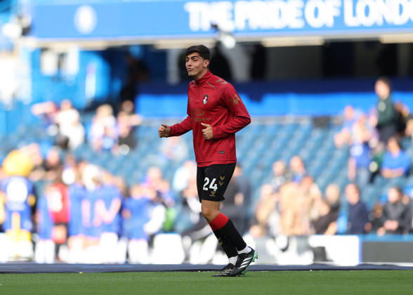 10th October 2026; Stamford Bridge, London, England; Premier League Football, Chelsea versus Bournemouth; Juanlu Sanchez of AFC Bournemouth during the warm up JohnxPatrickxFletcher