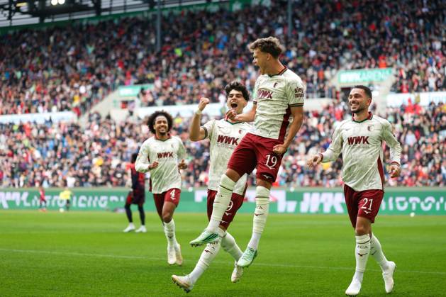 Robin Fellhauer (19, FC Augsburg) celebrates his goal, making the score 1–0, FC Augsburg vs. FC Bayern Munich, Soccer, Bundesliga 1, Matchday 5, October 10, 2026. DFB and DFL regulations prohibit any use of photographs as image sequences and or quasi-video. Augsburg, Bayern, Germany Copyright: xkolbert-press ChristianxKolbertx