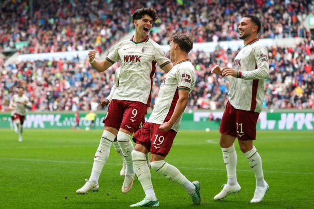 Goal celebration by Robin Fellhauer (19, FC Augsburg) for the 1-0 lead; Rodrigo Ribeiro (9, FC Augsburg); Arijon Ibrahimovic (21, FC Augsburg); FC Augsburg vs. FC Bayern Munich; soccer; Bundesliga 1, Matchday 5, October 10, 2026. DFB and DFL regulations prohibit any use of photographs as image sequences and or quasi-video. Augsburg, Bayern, Germany Copyright: xkolbert-press ChristianxKolbertx