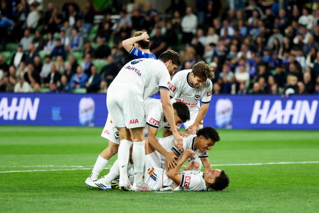 October 10, 2026, Melbourne, Victoria, Australia: MELBOURNE, AUSTRALIA - OCTOBER 10: Melbourne Victory FC celebrate Denis Genreau scoring in the Australia Cup Final match between South Melbourne FC and Melbourne Victory FC at AAMI Park on October 10, 2026 in Melbourne, Austr0alia. South Melbourne FC V Melbourne Victory FC - Australia Cup 2026 Final - ZUMAp121 20261010_zsp_p121_011 Copyright: xChrisxPutnamx