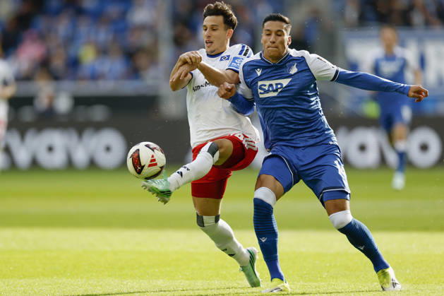 From left to right: Nicolás Capaldo (HSV) and Adam Daghim (TSG Hoffenheim), in the Bundesliga match between TSG 1899 Hoffenheim and Hamburger SV at the PreZero Arena, Sinsheim, Germany, on October 10, 2026, in action during the Bundesliga match between TSG 1899 Hoffenheim and Hamburger SV at the PreZero Arena, Sinsheim, Germany, on October 10, 2026. DFB and DFL regulations prohibit any use of photographs as image sequences and or quasi-video. Copyright: HMBxMedia xHeikoxBecker