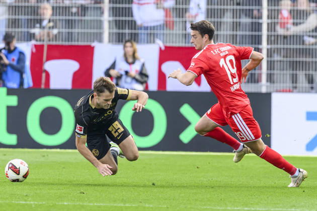 In the photo, from left: Tom Zimmerscheid (SV Elversberg), 29; Janik Haberer (Union Berlin), 19; tackle, action, battle, fighting for the ball, GER, Berlin, soccer, 1. FC Union Berlin vs. SV Elversberg, at the Alte Försterei, October 10, 2026, DFB and DFL regulations prohibit any use of photographs as image sequences and or quasi-video, Copyright: HMBxMedia UwexKoch