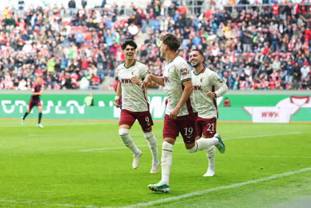 Celebration of the 1-0 goal by Robin Fellhauer (FC Augsburg, 19) with Arijon Ibrahimovic (FC Augsburg, 21) and Rodrigo Ribeiro (FC Augsburg, 09, GER, FC Augsburg vs. FC Bayern Munich, Soccer, Bundesliga, Matchday 5, 2026–2027 Season, October 10, 2026, DFL and DFB regulations prohibit any use of photographs as image sequences and or quasi-video, GER, FC Augsburg vs. FC Bayern Munich, soccer, Bundesliga, Matchday 5, 2026–2027 season, October 10, 2026, Augsburg Copyright: xEibner-Pressefoto JennixMaulx EP_JML