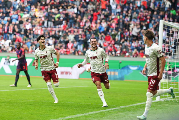 Celebration of the 1-0 goal by Robin Fellhauer (FC Augsburg, 19) with Arijon Ibrahimovic (FC Augsburg, 21) and Rodrigo Ribeiro (FC Augsburg, 09, GER, FC Augsburg vs. FC Bayern Munich, Soccer, Bundesliga, Matchday 5, 2026–2027 Season, October 10, 2026, DFL and DFB regulations prohibit any use of photographs as image sequences and or quasi-video, GER, FC Augsburg vs. FC Bayern Munich, soccer, Bundesliga, Matchday 5, 2026–2027 season, October 10, 2026, Augsburg Copyright: xEibner-Pressefoto JennixMaulx EP_JML