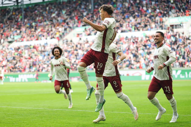 Celebration of the 1-0 goal by Robin Fellhauer (FC Augsburg, 19) with Arijon Ibrahimovic (FC Augsburg, 21) and Rodrigo Ribeiro (FC Augsburg, 09, GER, FC Augsburg vs. FC Bayern Munich, Soccer, Bundesliga, Matchday 5, 2026–2027 Season, October 10, 2026, DFL and DFB regulations prohibit any use of photographs as image sequences and or quasi-video, GER, FC Augsburg vs. FC Bayern Munich, soccer, Bundesliga, Matchday 5, 2026–2027 season, October 10, 2026, Augsburg Copyright: xEibner-Pressefoto JennixMaulx EP_JML