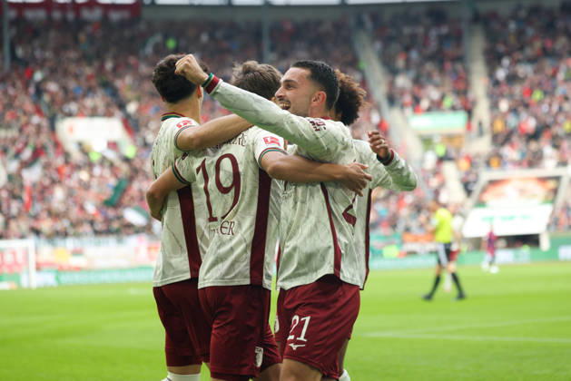Celebration of the 1-0 goal by Robin Fellhauer (FC Augsburg, 19), with Arijon Ibrahimovic (GER), FC Augsburg vs. FC Bayern Munich, Soccer, Bundesliga, Matchday 5, 2026–2027 Season, October 10, 2026, DFL and DFB regulations prohibit any use of photographs as image sequences and or quasi-video, GER, FC Augsburg vs. FC Bayern Munich, soccer, Bundesliga, Matchday 5, 2026–2027 season, October 10, 2026, Augsburg Copyright: xEibner-Pressefoto JennixMaulx EP_JML