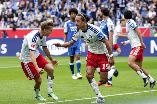 From left: David Möller Wolfe (HSV), 3; goal scorer Yussuf Poulsen (HSV), 15; players from Hamburger SV (HSV) celebrate the goal that made the score 0–1, Celebration, goal celebration, scoring a goal, celebrate the goal, goal, celebration, celebrating the goal, joy, happiness, happy, optimistic, positive, game scene, highlight, action, 10 10 2026, Sinsheim, Germany, soccer, Bundesliga, TSG 1899 Hoffenheim, Hamburger SV, DFB and DFL regulations prohibit any use of photographs as image sequences and or quasi-video xozx