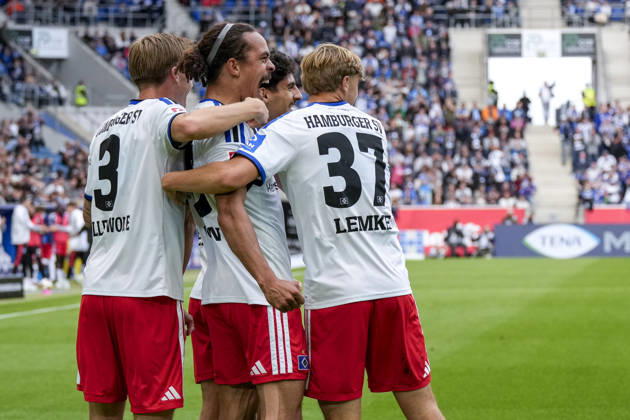 From left: David Möller Wolfe (HSV), 3; goal scorer Yussuf Poulsen (HSV), 15; Martin Adeline (HSV), 5; Louis Lemke (HSV), 37; players from Hamburger SV (HSV) celebrate the 0-1 goal, Celebration, goal celebration, scoring a goal, celebrate the goal, goal, celebration, celebrating the goal, joy, happiness, happy, optimistic, positive, game scene, highlight, action, 10 10 2026, Sinsheim, Germany, soccer, Bundesliga, TSG 1899 Hoffenheim vs. Hamburger SV, DFB and DFL regulations prohibit any use of photographs as image sequences and or quasi-video xozx
