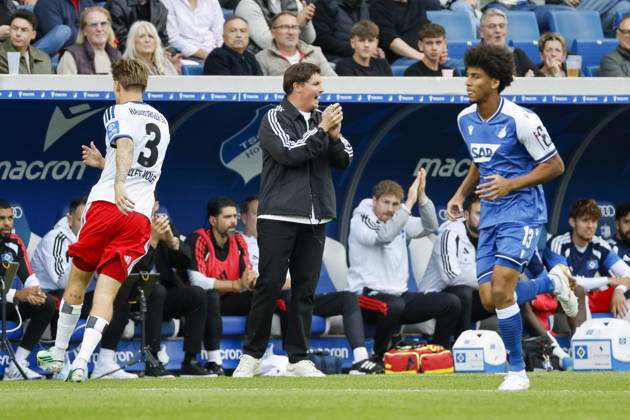Merlin Polzin, Hamburger SV, Coach, Facial Expressions, Emotion, Germany, Soccer, Bundesliga 1, Matchday 5, 2026–2027, TSG Hoffenheim vs. Hamburger SV, October 10, 2026, Sinsheim SNP Arena, Germany Copyright: xGrantxHubbsx