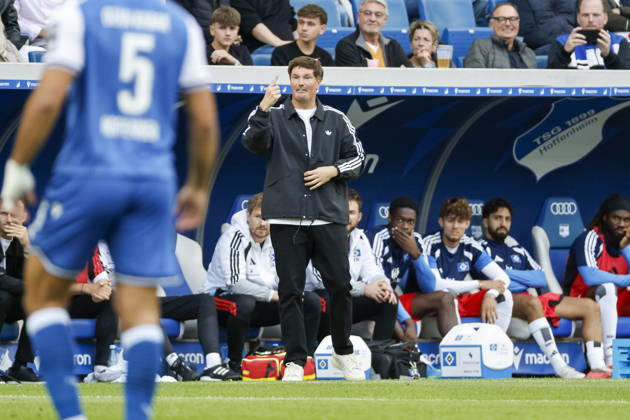 Merlin Polzin, Hamburger SV, Coach, Facial Expressions, Emotion, Germany, Soccer, Bundesliga 1, Matchday 5, 2026–2027, TSG Hoffenheim vs. Hamburger SV, October 10, 2026, Sinsheim SNP Arena, Germany Copyright: xGrantxHubbsx