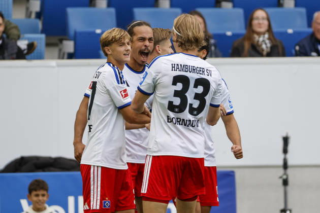 Hamburger SV celebrates Yussuf Poulsen s 0-1 goal; Hamburger SV, 15; joy, excitement, positive emotions, goal, Germany, soccer, Bundesliga 1, Matchday 5, 2026–2027, TSG Hoffenheim vs. Hamburger SV, October 10, 2026, Sinsheim SNP Arena, Germany Copyright: xGrantxHubbsx