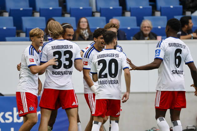Hamburger SV celebrates Yussuf Poulsen s 0-1 goal; Hamburger SV, 15; joy, excitement, positive emotions, goal, Germany, soccer, Bundesliga 1, Matchday 5, 2026–2027, TSG Hoffenheim vs. Hamburger SV, October 10, 2026, Sinsheim SNP Arena, Germany Copyright: xGrantxHubbsx