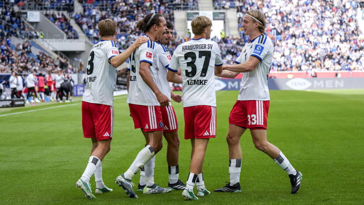 From left: David Möller Wolfe (HSV), 3; goal scorer Yussuf Poulsen (HSV), 15; Martin Adeline (HSV), 5, Louis Lemke (HSV), 37, Sebastiaan Bornauw (HSV), 33, players from Hamburger SV (HSV) celebrating the 0–1 goal, celebration, goal celebration, goal scored, celebrating the goal, goal, celebration, celebrating the goal, joy, happiness, happy, optimistic, positive, game scene, highlight, action, 10 10 2026, Sinsheim, Germany, soccer, Bundesliga, TSG 1899 Hoffenheim vs. Hamburger SV, DFB and DFL regulations prohibit any use of photographs as image sequences and or quasi-video xozx