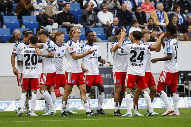 Hamburger SV celebrates Yussuf Poulsen s 0-1 goal; Hamburger SV, 15; joy, excitement, positive emotions, goal, Germany, soccer, Bundesliga 1, Matchday 5, 2026–2027, TSG Hoffenheim vs. Hamburger SV, October 10, 2026, Sinsheim SNP Arena, Germany Copyright: xGrantxHubbsx