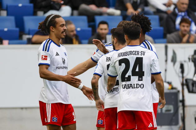 Hamburger SV celebrates Yussuf Poulsen s 0-1 goal; Hamburger SV, 15; joy, excitement, positive emotions, goal, Germany, soccer, Bundesliga 1, Matchday 5, 2026–2027, TSG Hoffenheim vs. Hamburger SV, October 10, 2026, Sinsheim SNP Arena, Germany Copyright: xGrantxHubbsx